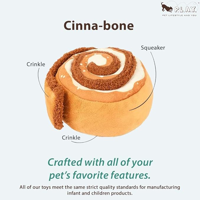 P.L.A.Y. Cute Plush Dog Toys - Coffee Shop Food Themed Durable Squeaker Chew Toy, Great for Puppies & Small, Medium, Large Dog Breeds - Machine Washable, Recycled Materials (Pup Cup Cafe Cinna-bone)