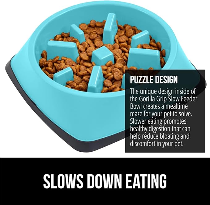Gorilla Grip Slip Resistant Slow Feeder Dog Bowl,4 Cups,Slows Down Pets Eating,Prevents Overeating,Feed Small&Large Breed Puppy,Puzzle Design,Dogs Pet Bowls for Dry&Wet Food,Turquoise,4 Cup.