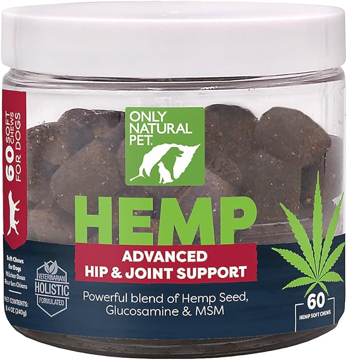 Only Natural Pet Hemp Advanced Mobility Support for Dogs Holistic Wellness Hip Bone Joint Health - Inflammatory Function Relieves Pain Stiffness Green Lipped Mussels Turmeric (HA) 60 Count