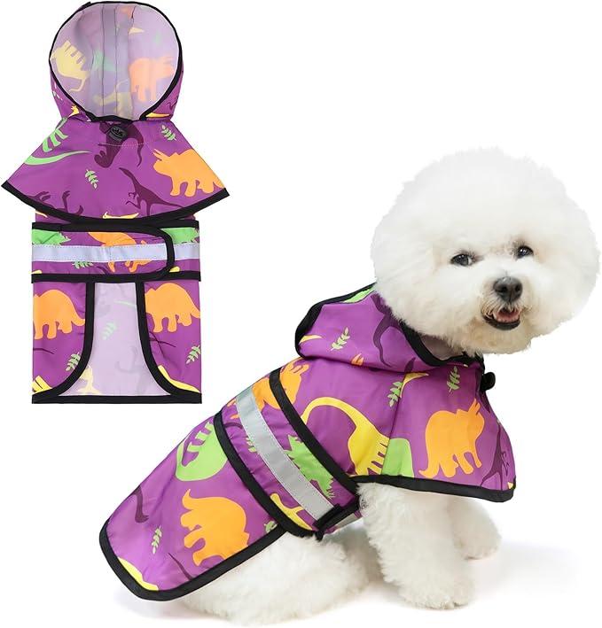 KOOLTAIL Dog Raincoat Hooded Slicker Poncho with leash hole, DRaincoat for Small Medium Dogs, Waterproof Doggie Rain Jacket with Reflective Strip, Adjustable Breathable Puppy Rainwear-Dinosaur Cartoon