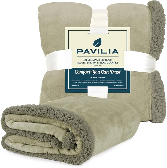 PAVILIA Waterproof Blanket for Couch, Sofa | Waterproof Dog Blanket for Large Dog, Puppy, Cat | Pet Blanket Protector | Plush Soft Warm Fuzzy Sherpa Blanket Bed Throw, Taupe, 90x90