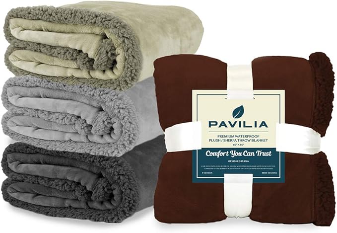 PAVILIA Waterproof Blanket for Couch, Sofa | Waterproof Dog Blanket for Large Dog, Puppy, Cat | Pet Blanket Protector | Plush Soft Warm Fuzzy Sherpa Blanket Bed Throw, Taupe, 90x90