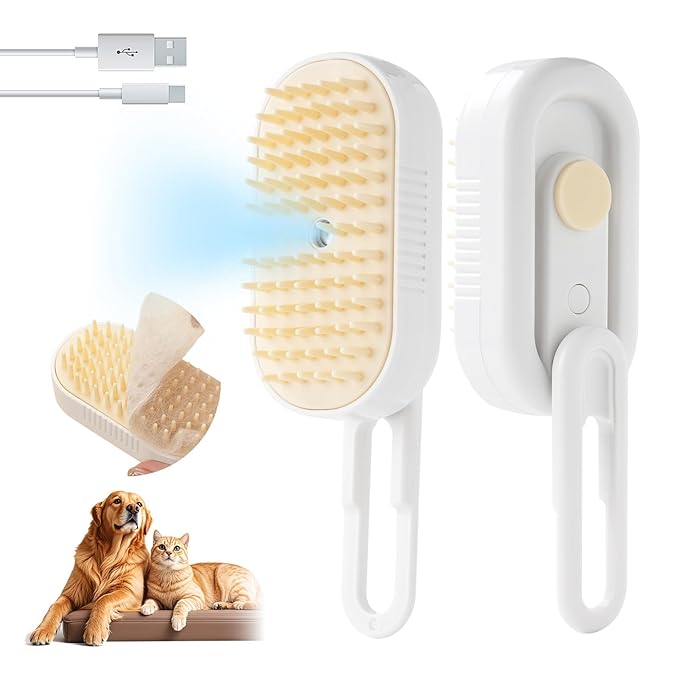 Soft 3-in-1 Silisone Spray Brush, Upgraded for Shedding, Cleaning and Spa Massage, Hair Removal, Best Water Steam Brush for indoor Long or Short Haired Cat and Dog (Purple, Handle)