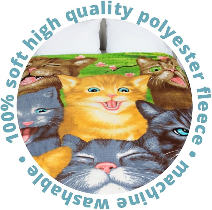 Dawhud Direct Cartoon Selfie Cat Fleece Blanket for Bed 75" x 90" Queen Size Kitten Fleece Throw Blanket for Women, Men and Kids Super Soft Plush Cat Blanket Throw Winter