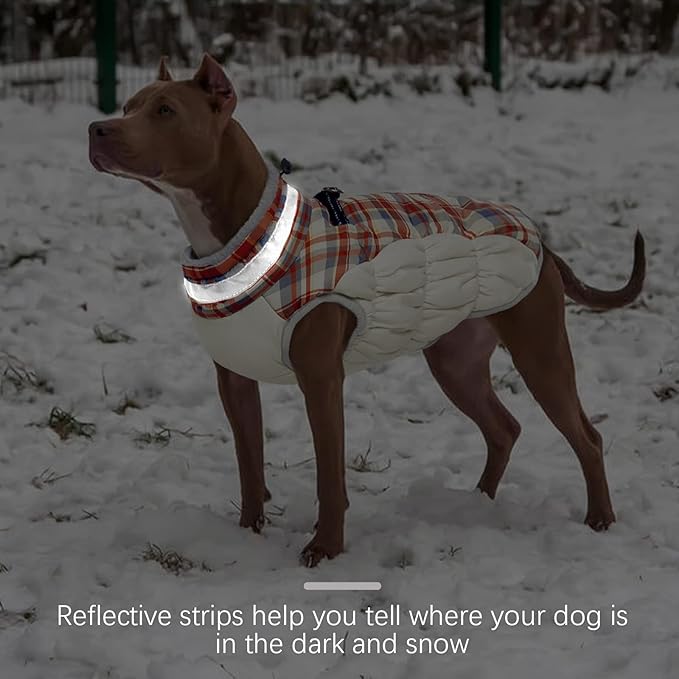 FUAMEY Dog Winter Coat, Jacket with Built-in Harness, Padded Vest, Reflective Clothes for Small to XXXL Dogs, Red Plaid