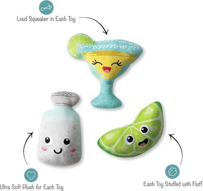 Fringe Studio Plush Dog Toy Set, ON Margarita TIME, 3 Piece Set for Dogs (289590), Multicolor, X-Small