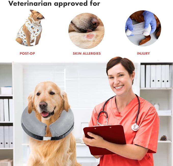 E-KOMG Dog Cone After Surgery, Protective Inflatable Collar, Blow Up Dog Collar, Pet Recovery Collar for Dogs and Cats Soft (Medium(8"-12"), Grey)