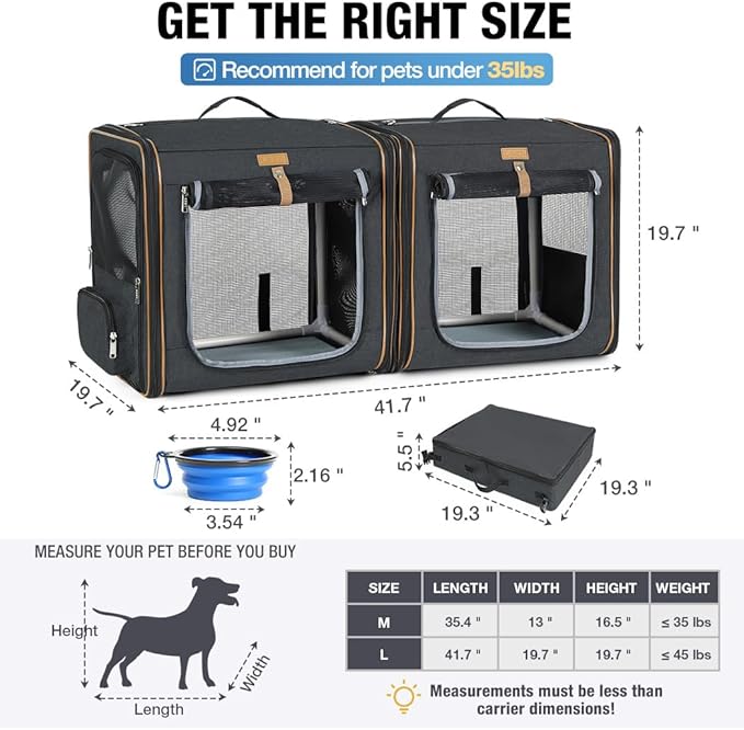 Lekereise 2-in-1 Large Cat Carrier for 2 Cats up to 45 Lbs, (20.85"*2)*19.7"*19.7" Car Travel Carrier with Litter Box, Bowl, and Locking Zipper - Black