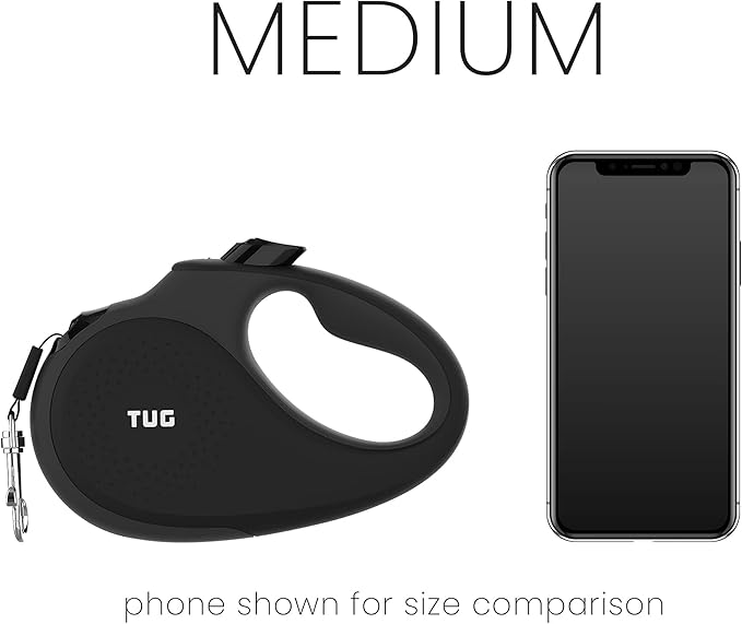TUG 360° Tangle-Free Retractable Dog Leash with Anti-Slip Handle | 16 ft Strong Nylon Tape | One-Handed Brake, Pause, Lock (Medium, Black/Grey)