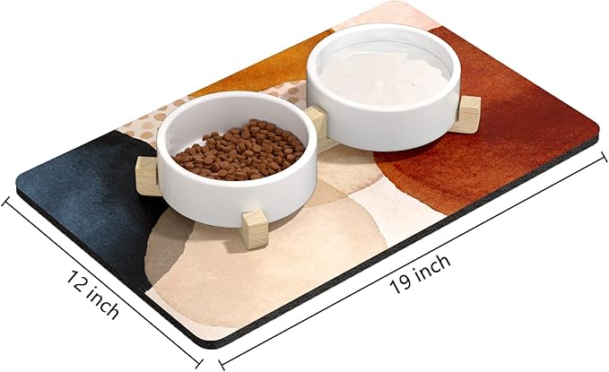 Rnivvi Dog Food Mat, 12" x 19" Absorbent Dog Cat Bowl Mat for Food and Water, 3MM Anti-Slip Rubber Pet Feeding Rug Protect Floors, Puppy Placemat for Feeding & Watering Supplies, Abstract Stones