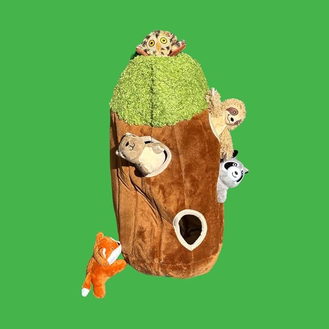 Raccoon in Tree Hide and Seek Dog Toy for Small and Medium Size Dogs, Plush Squirrel Inside Trunk Dog Toy with Squeaker, Interactive Burrow Dog Toy (Large Tree with Raccoon, Fox, Sloth, Squirrel, Owl)