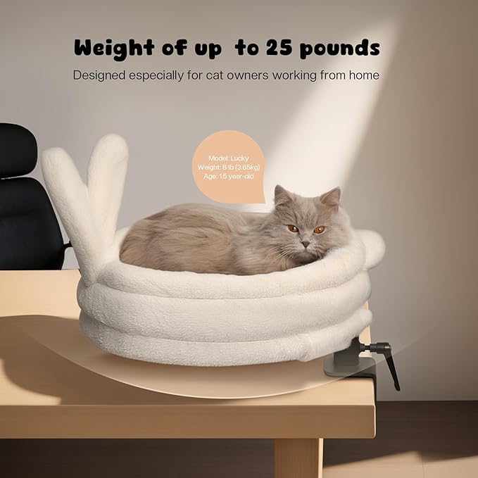 360° Rotation Cat Desk Bed, Cat Hammock Bed with Soft Rabbit Ear Cushion, Desktop Elevated Cats Beds with Metal Frames, Cats Desk Perch for Table, White