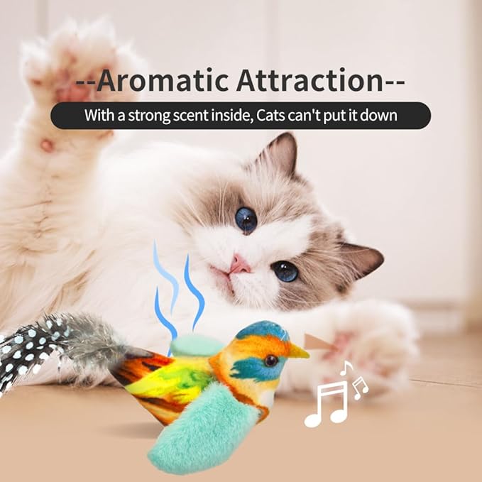 Touch Moving Pet chew, Plush, Interactive Small and Medium Pet Plush Toys Interactive Toys with Feather Built-in Battery Catnip Chirp Chew Bird Sound Playing Cat Toys.