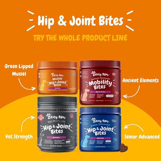 Zesty Paws Hip and Joint for Dogs, Glucosamine for Dogs Hip and Joint Supplement with Chondroitin, MSM, Vitamins C & E - Duck, 250 Count