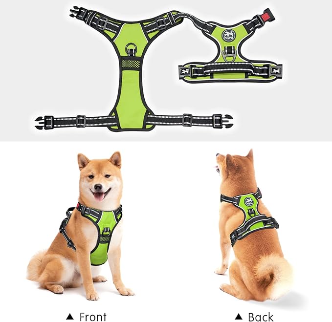 PoyPet No Pull Dog Harness, No Choke Front Clip Dog Reflective Harness, Adjustable Soft Padded Pet Vest with Easy Control Handle for Small to Large Dogs(Green,L)