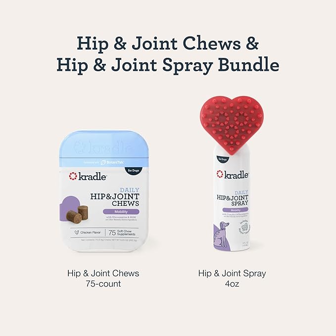 Kradle Daily Hip & Joint Chews for Dogs - Mobility & Joint Supplement for Dogs - Soft Chews with Glucosamine, Chondriotin, MSM & Hyaluronic Acid (75-Count Chews & 4oz Spray)