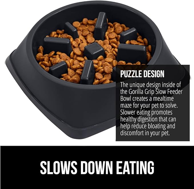 Gorilla Grip Slow Feeder Dog and Cat Bowls, Interactive Puzzle Toy for Dogs and Cats Food Training, Keeps Pets Busy and Prevents Puppy Overeating, Large, Small Breeds, 100% BPA Free, 2 Cup Black