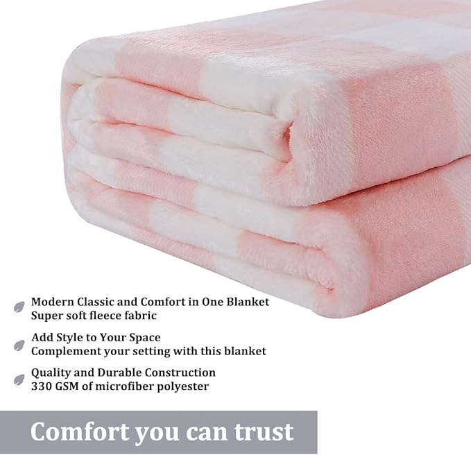PiccoCasa Plaid Flannel Fleece Throw Blanket, Buffalo Checkered Soft Blankets and Throws, Plush Lightweight Decors Blanket for Couch Sofa Traveling, 50" x 60", Pink and White Tartan