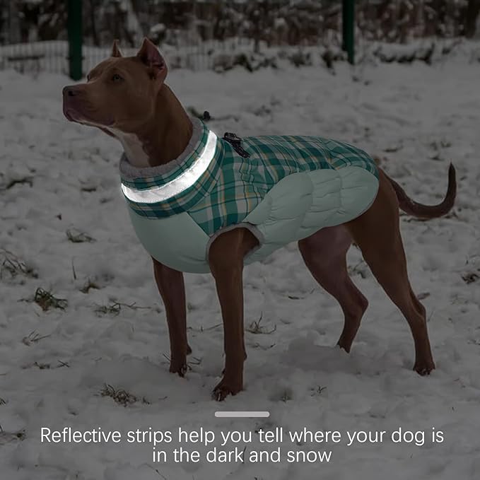 FUAMEY Dog Winter Coat - Jacket with Built-in Harness, Padded Vest for Cold Weather, Reflective Clothes for Small, Medium, Large Dogs - Green Plaid XS
