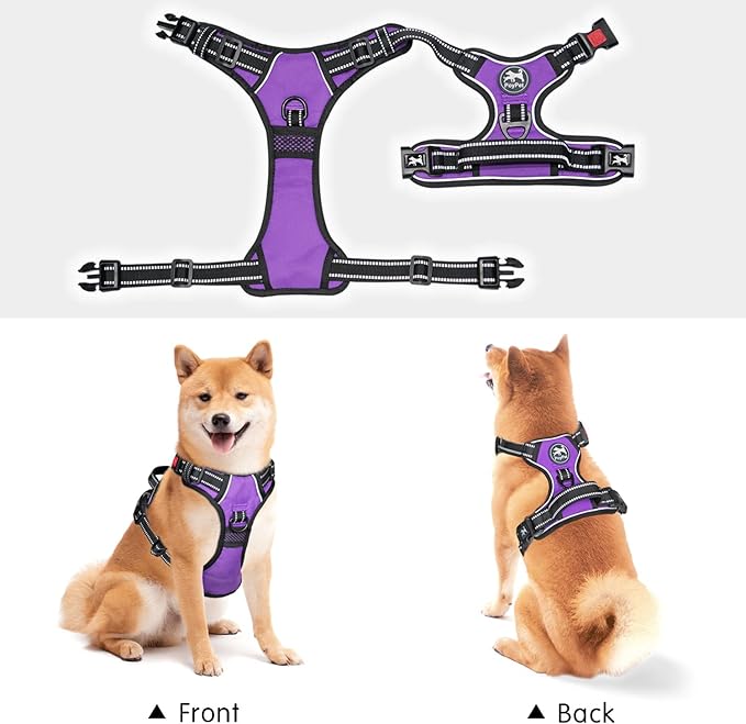PoyPet No Pull Dog Harness, No Choke Front Clip Dog Reflective Harness, Adjustable Soft Padded Pet Vest with Easy Control Handle for Small to Large Dogs(Purple,L)