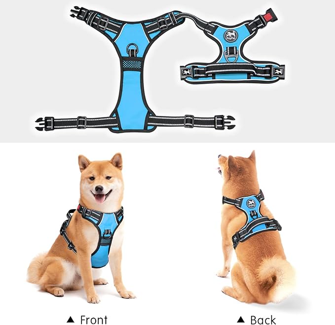 PoyPet No Pull Dog Harness, No Choke Front Clip Dog Reflective Harness, Adjustable Soft Padded Pet Vest with Easy Control Handle for Small to Large Dogs(Light Blue,L)