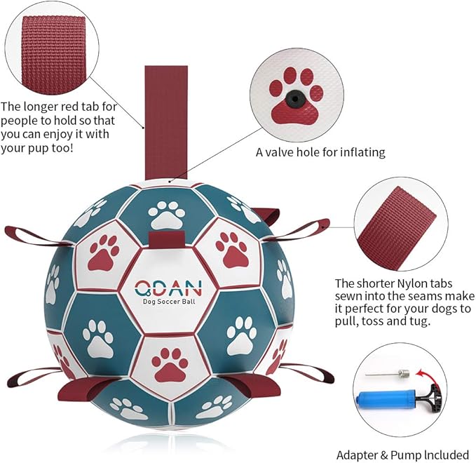 QDAN Dog Balls Toys, Soccer Ball with Straps, Puppy Birthday Gifts, Dog Water Toy, Durable Herding Balls for Small Medium Dogs, Interactive Toys for Tug of War (6 Inch)