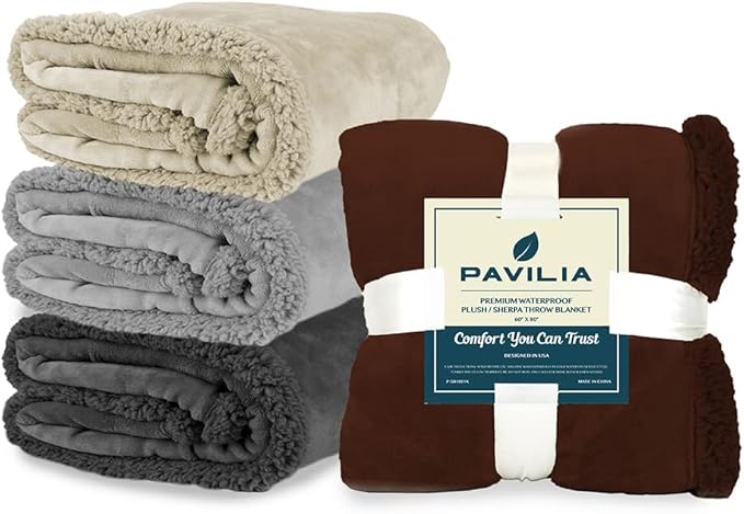 PAVILIA Waterproof Blanket for Couch, Sofa | Waterproof Dog Blanket for Large Dog, Puppy, Cat | Pet Blanket Protector | Plush Soft Warm Fuzzy Sherpa Blanket Bed Throw, Brown, 60x80