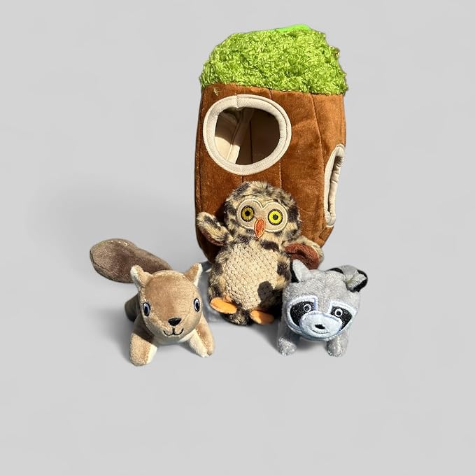 Interactive Animal in Tree Hide & Seek Toy, Plush Squirrel, Raccoon & Owl Inside, Small & Medium Dogs