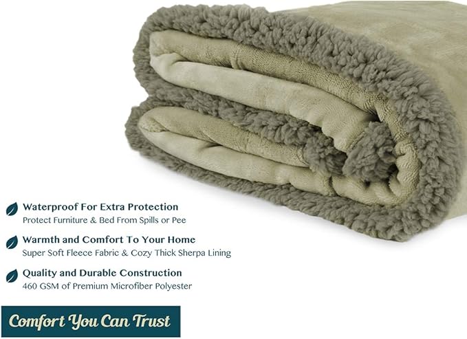PAVILIA Waterproof Blanket for Couch, Sofa | Waterproof Dog Blanket for Large Dog, Puppy, Cat | Pet Blanket Protector | Plush Soft Warm Fuzzy Sherpa Blanket Bed Throw, Taupe, 90x90