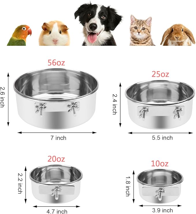 Pet Food Water Bowl with Clamp Holder Stainless Steel Coop Cup Hanging Feeder for Dog Bird Parrot Cat Rabbit (XL)