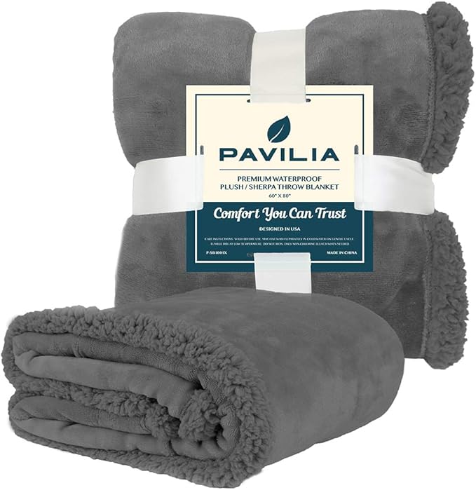 PAVILIA Waterproof Blanket for Couch, Sofa | Waterproof Dog Blanket for Large Dog, Puppy, Cat | Pet Blanket Protector | Plush Soft Warm Fuzzy Sherpa Blanket Bed Throw, Dark Grey, 90x90