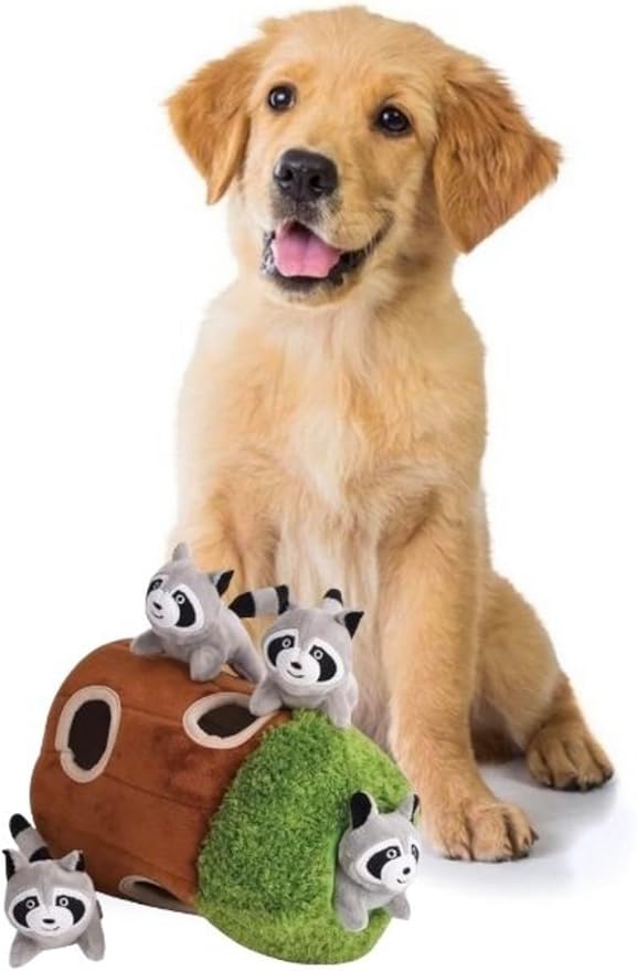 Hide and Seek Dog Toy, Plush Raccoon in Tree, Interactive Burrow, Squeaky, Woodland Style, Mental Stimulation, Fetch Fun, Replacement Toys, Medium Size, 4-Pack, Grey (Raccoon in Tree Medium)