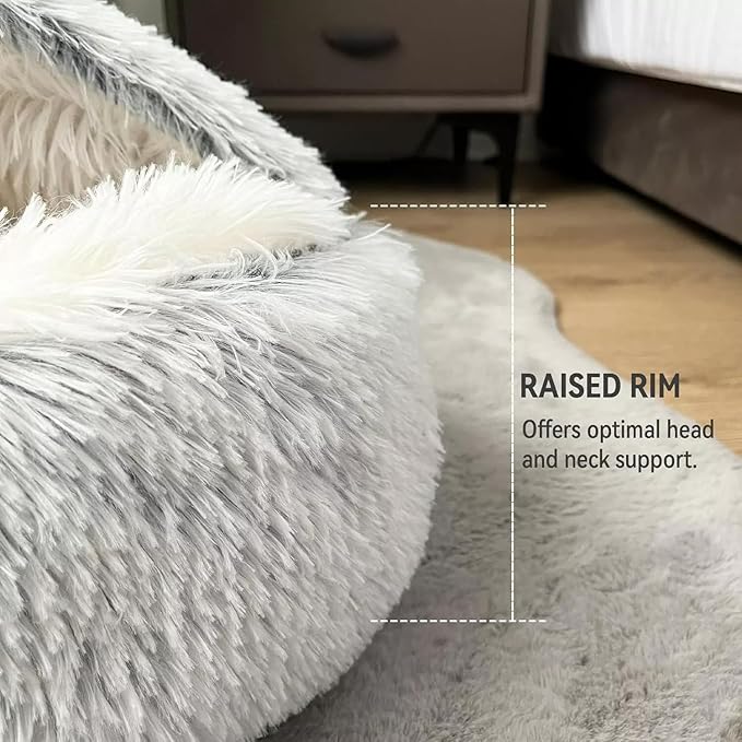 Cat Bed Round Fluffy Hooded Cat Bed Cave, Anti-Anxiety Cave Bed with Hooded Blanket, Cozy Cuddler Luxury Puppy Pet Bed, Anti-Slip Bottom and Machine Washable (Grey, Medium)