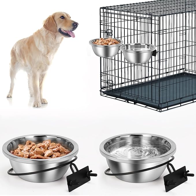 Crate Bowls for Large Dogs, ShineMe Heavy Duty Hanging Dog Bowls for Kennel Cage Crates, No Spill Stainless Steel Dog Crate Water Bowl or Large and Medium Dogs, 56oz, Set of 2