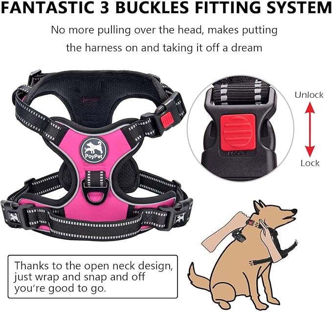 PoyPet No Pull Dog Harness, No Choke Front Lead Dog Reflective Harness, Adjustable Soft Padded Pet Vest with Easy Control Handle for Small to Large Dogs(Pink, Medium)