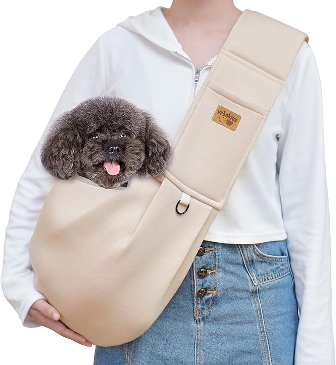 Dog Sling Hands Free Dog Sling Carrier Adjustable Strap Dog Carrier Sling Soft Cotton Dog Carrier Bag Dog Carriers with Pocket for Travel Outdoor(Beige)