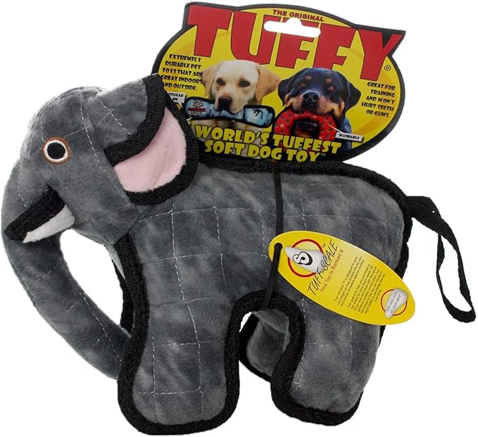 TUFFY - World's Tuffest Soft Dog Toy - Zoo Junior Elephant - Multiple Layers. Made Durable, Strong & Tough. Interactive Play (Tug, Toss & Fetch). Machine Washable & Floats