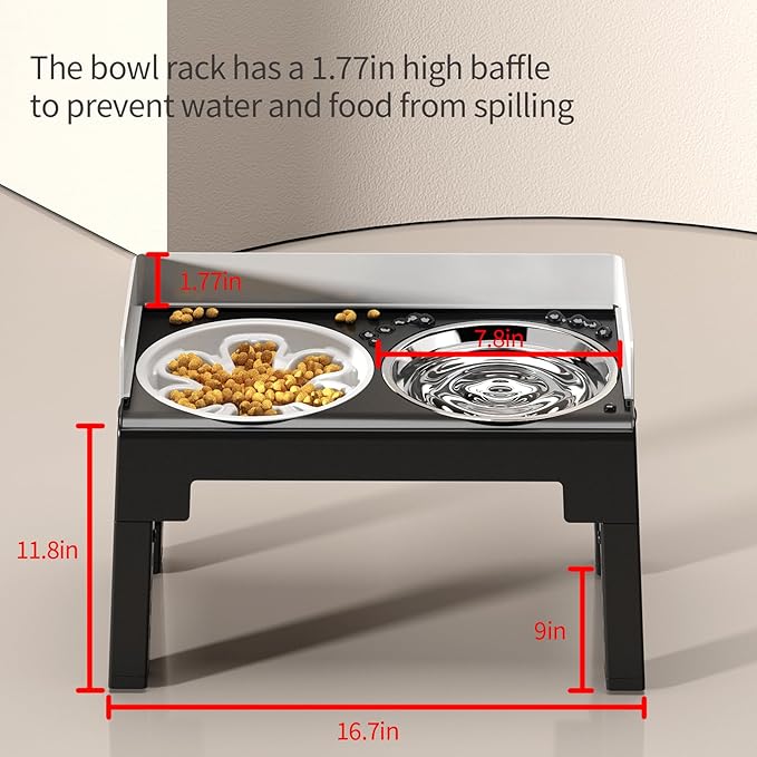 PAKEWAY Elevated Dog Bowls, Spill Proof, Tiltable Dog Feeder with 1 Stainless Steel Bowl &1 Slow Feeder Bowl, 6 Height Adjustable Raised Dog Bowls Stand for Medium Large Dogs