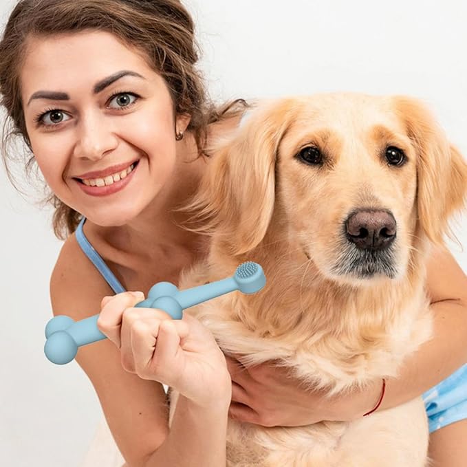 Pet Dental Care Set - Silicone Toothbrush and Finger Brush Set for Dogs and Cats with 1 Matching Finger Brush for Removing Food Debris and Freshening Breath (Blue/Green/Beige) (Green, Medium)