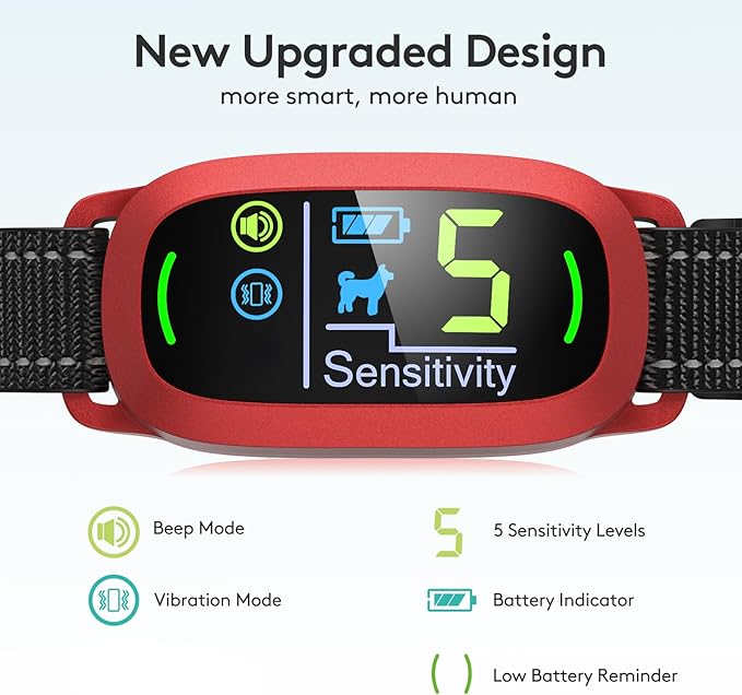 Dog Bark Collar for Large Medium Small Dogs, Rechargeable Smart Bark Collar, Anti Barking Training Collar with 5 Adjustable Sensitivity Beep Vibration (Red)