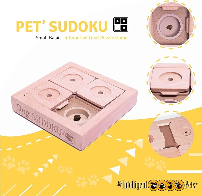 Interactive Wooden Sudoku Puzzle for Cats and Small Dogs - Basic Brain Pet Toy - 4 Treat-Hiding Holes, Small All-Wood Design