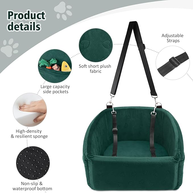 Dog Car Seat for Small Medium Dogs,Detachable Washable Dog Booster Seat Under 30lbs, Pet Car Seats Travel Bed with Storage Pockets and Safety Belt(Green)