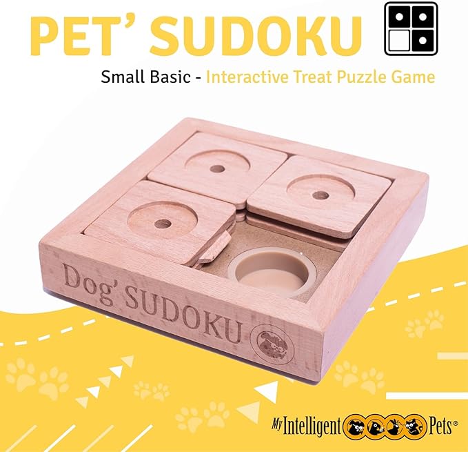 Interactive Wooden Sudoku Puzzle for Cats and Small Dogs - Basic Brain Pet Toy - 4 Treat-Hiding Holes, Small All-Wood Design