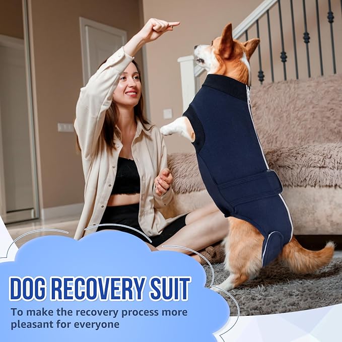 Lukovee Recovery Suit for Dogs, Zipper-On Onesie for Female Male Dog, Abdominal Wounds Cone E-Collar Alternative, Prevent Licking Spay (L, Dark Blue)