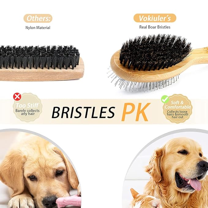 Dog Brush Cat Brush, Vokiuler Double Sided Bristle and Pin Pet Brush for Dog Grooming, Real Boar Bristle Shedding Brush with Bamboo Handle for Long Short Hair, 2 Pack Dog Comb, Black