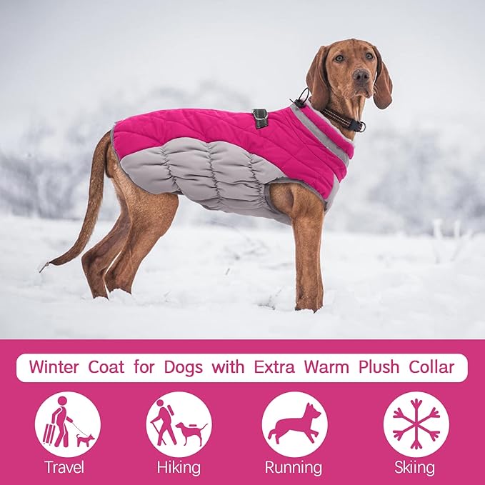 FUAMEY Dog Coat - Warm Winter Jacket with Padded Fleece, Reflective, Waterproof & Windproof, Built-in Harness, Rose Red, Large