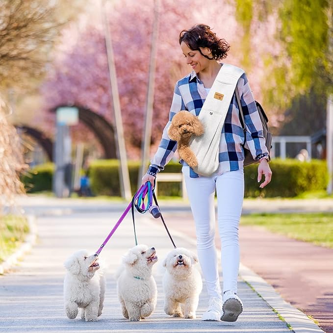 Dog Sling Hands Free Dog Sling Carrier Adjustable Strap Dog Carrier Sling Soft Cotton Dog Carrier Bag Dog Carriers with Pocket for Travel Outdoor(Beige)