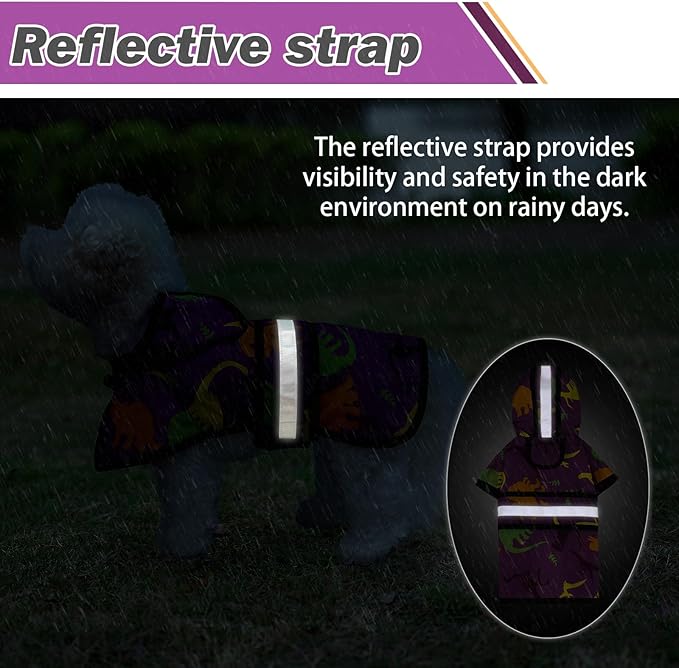 KOOLTAIL Dog Raincoat Hooded Slicker Poncho with leash hole, DRaincoat for Small Medium Dogs, Waterproof Doggie Rain Jacket with Reflective Strip, Adjustable Breathable Puppy Rainwear-Dinosaur Cartoon
