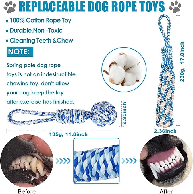 Outdoor Hanging Bungee Dog Toy, Interactive Tether Tug of War Toy for Pitbull Small to Large Breeds, Tree Tugger Rope with Spring Pole, 2 Dog Rope Toys