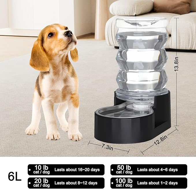6L Automatic Pet Waterer, 100% BPA Free, Stainless Steel Gravity Feeder, Convenient Drinking Water Dispenser Designed for Dogs and Cats (Black, 6L)